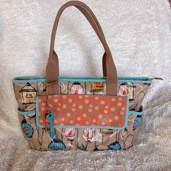 Fossil Keyper Tote Bag Birdcage Floral Diaper Bag Shoulder Travel beach - Picture 1 of 16